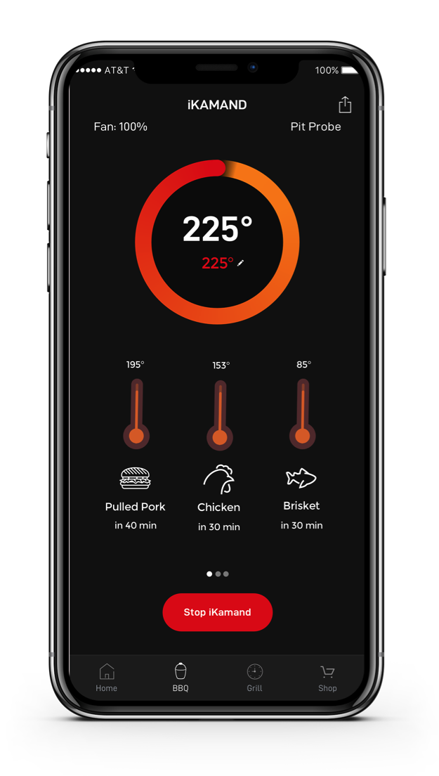Cook temperature and estimated remaining cook times displayed in the app