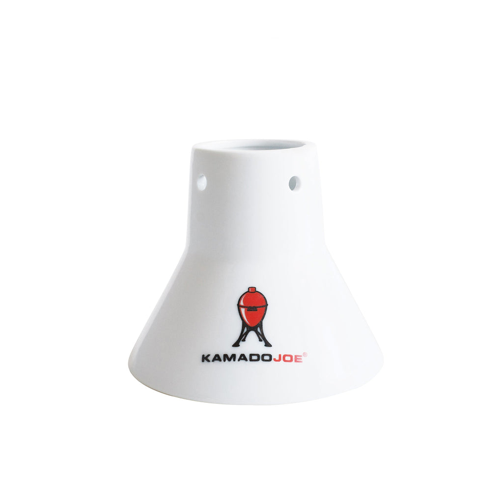 White Ceramic Chicken Stand with Kamado Joe logo in red and black