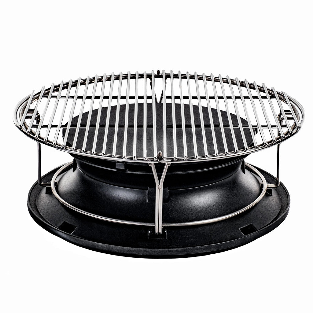 SloRoller with stainless steel grate attachment, The SloRoller is tipped to show the cooking grate.