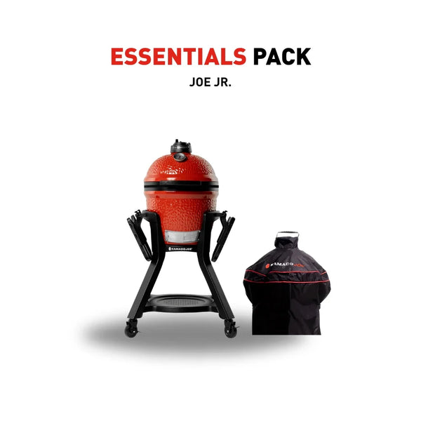 Joe Jr Essentials pack. Joe Jr grill shown mounted in cart with the grill cover next to it.
