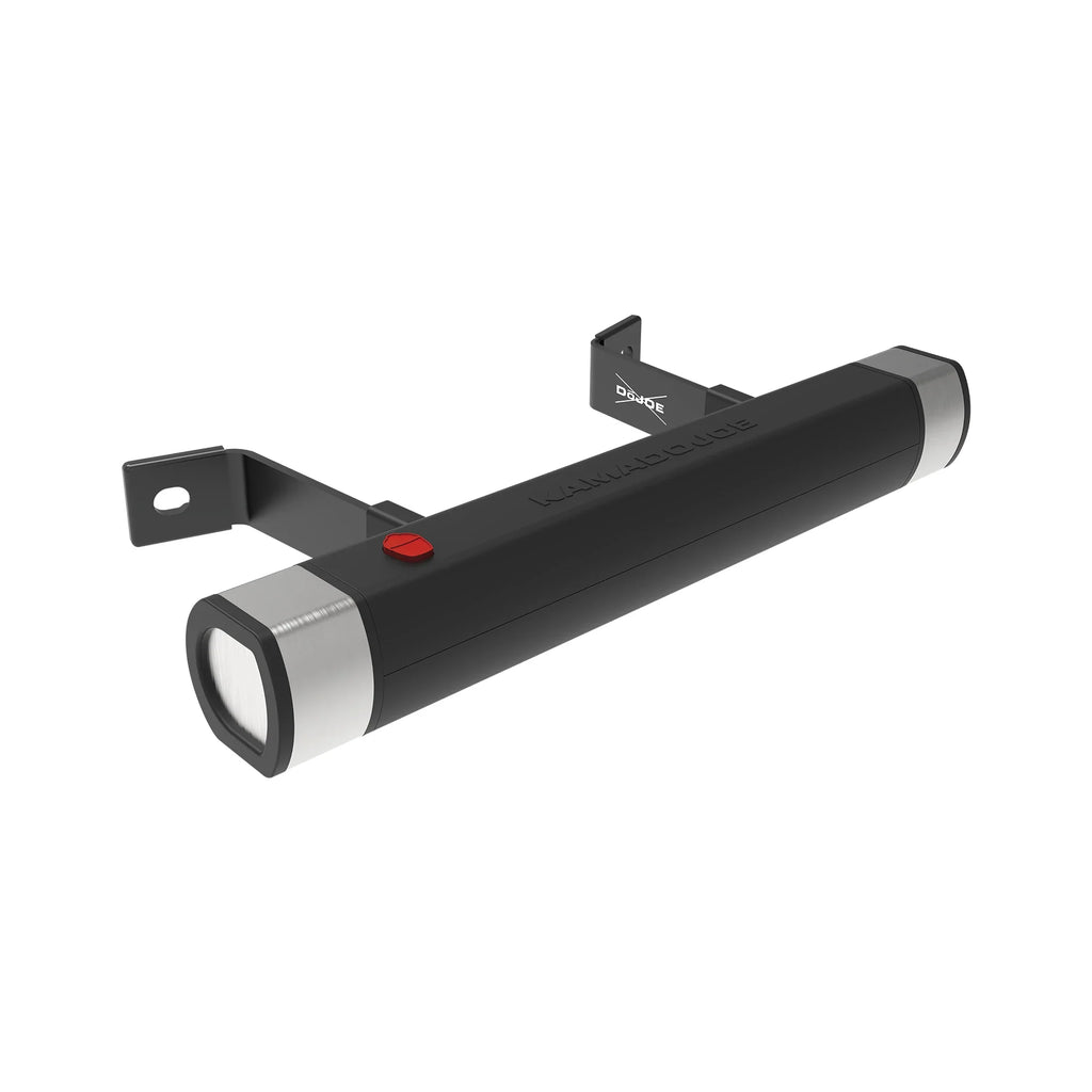 Black and silver light bar and handle with a red button in the shape of the Kamado Joe grill icon. 2 mounting brackets extend from the back of the handle. 
