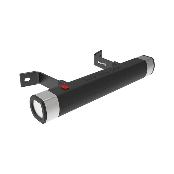 Black and silver light bar and handle with a red button in the shape of the Kamado Joe grill icon. 2 mounting brackets extend from the back of the handle. 