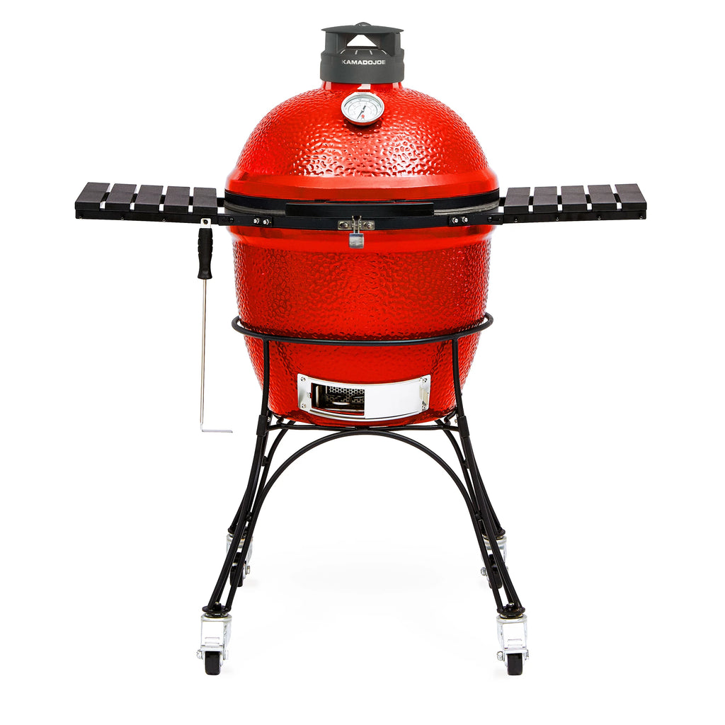 A Classic Joe II grill with a wheeled cart, 2 side shelves, Kontrol Tower top vent, and Stainless Steel latch.