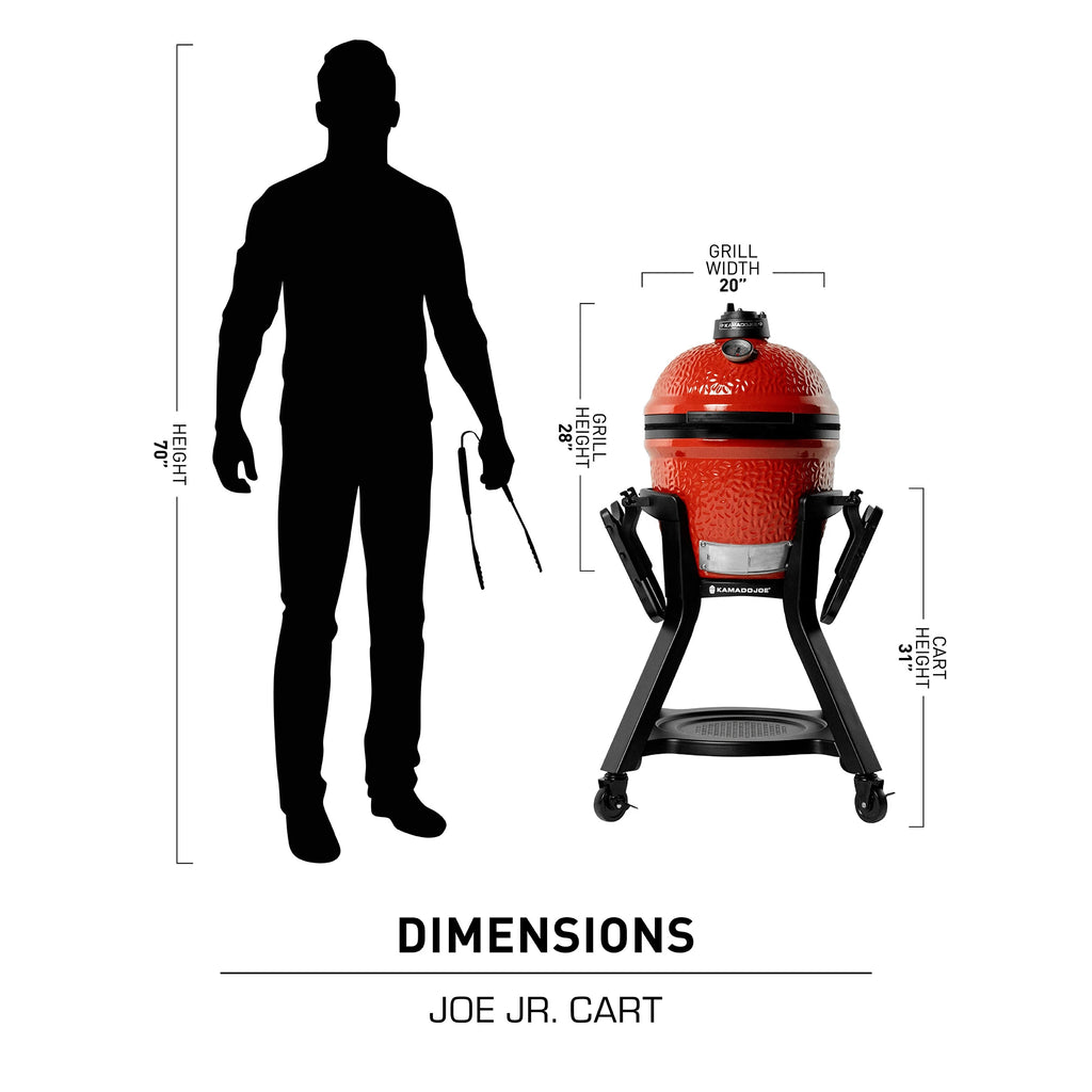 Silhouette of a 6 foot 10 inch tall man standing next to a Joe Jr grill in a Joe Jr Cart. The grill is 28 inches tall. The cart is 31 inches tall.  The grill installed in cart is roughly 4 feet tall. The man's hands, hanging at his sides, are about the level of the top of the grill base.