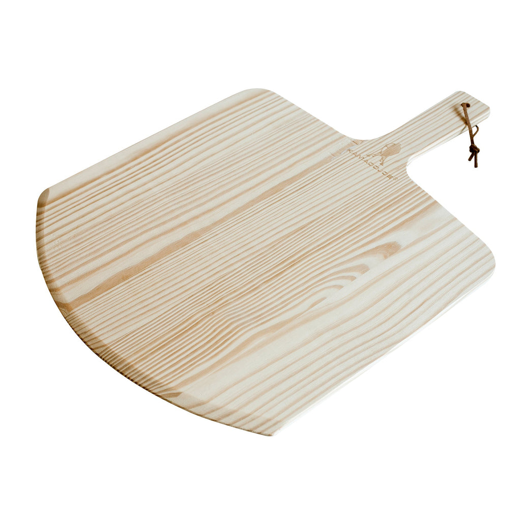Wooden pizza peel with Kamado Joe name and logo at the bas of the handle