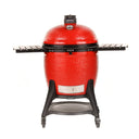 A red Big Joe III grill with black side shelves, Kontrol Tower top vent, and heavy-duty cart with wheels. A temperature gauge is built into the grill dome. A sliding steel access door is built into the bottom of the grill base.