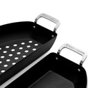 Stainless steel loop handles are mounted vertically on short ends of each pan