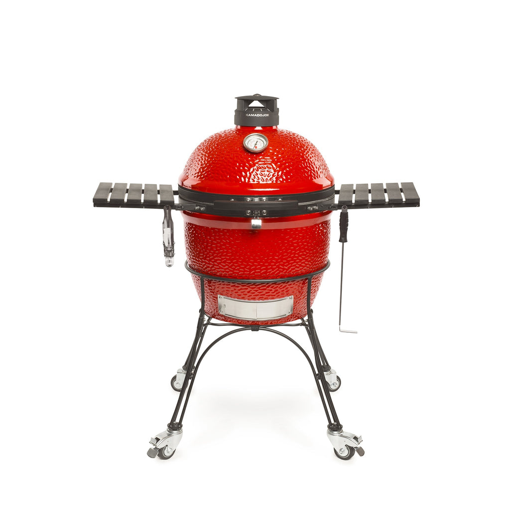 A Classic Joe II grill with a wheeled cart, 2 side shelves, and a Kontrol Tower top vent